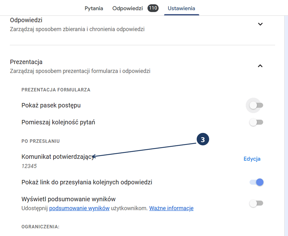 Krok 3: Komunikat potwierdzający w Google Forms